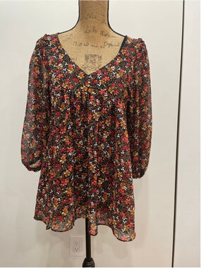 Apricot Dark Floral Babydoll Blouse 6 M High Low Y2K Fairy Whimsigoth Boho